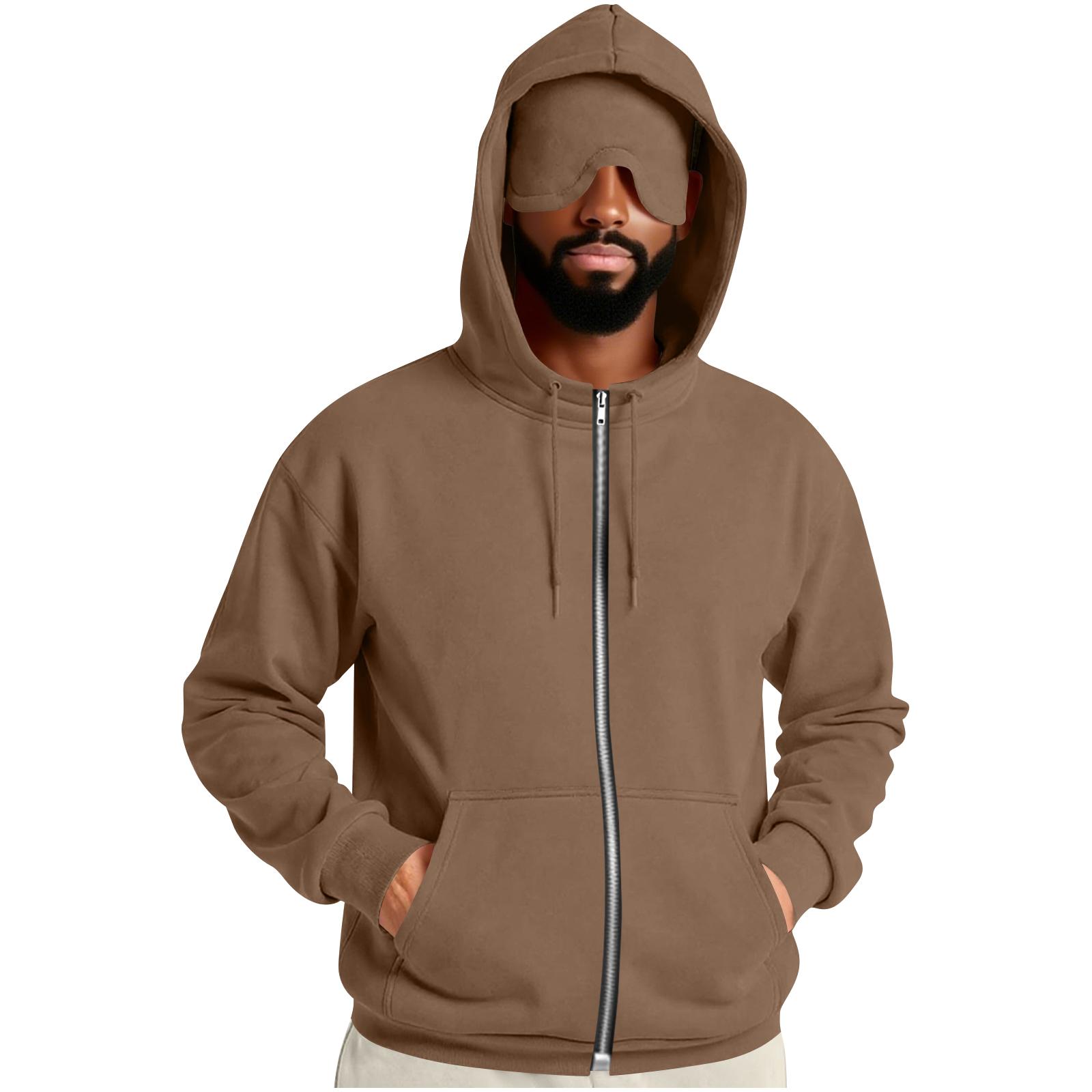 

Men s Solid Color Zipper Eye Mask Pocket Hooded Sweatshirt Jacket XXL кавовий
