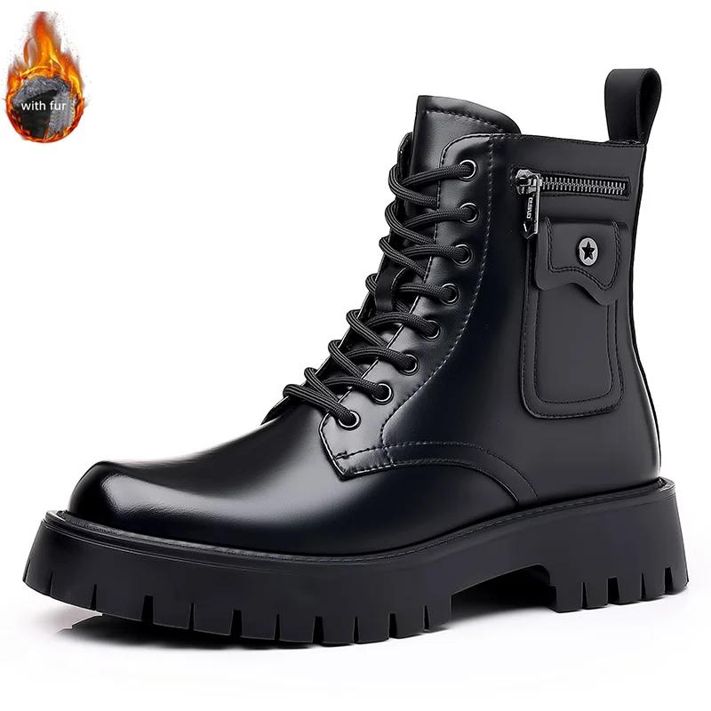 High Quality Men Autumn Winter Short Boots 2025 New Fashion Zip Side Pocket Design Leather Anti-slip Lace-up Man Platform Shoes
