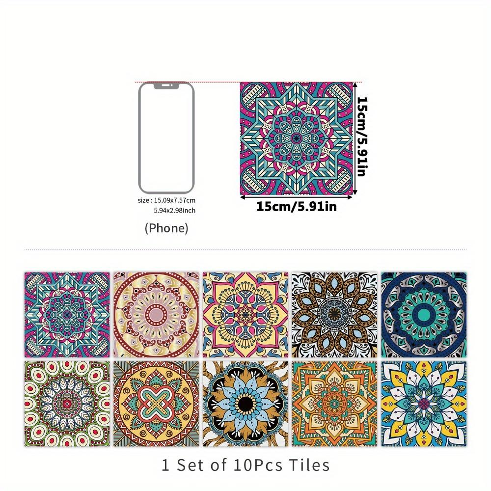 10pcs Self-adhesive Tile Sticker Mandala Dark Color Style Flower Brick Peel and Stick Splash Guard Wall Sticker Waterproof Tiles Stickers for Bathroom