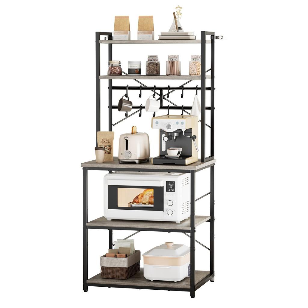 Kitchen Bakers Rack, 600 mm Width Bakers Rack, Kitchen Stand with X-Shaped Support Bar, 12 S-Shaped Hooks, Double-Layer Top Shelf, Coffee Bar Stand