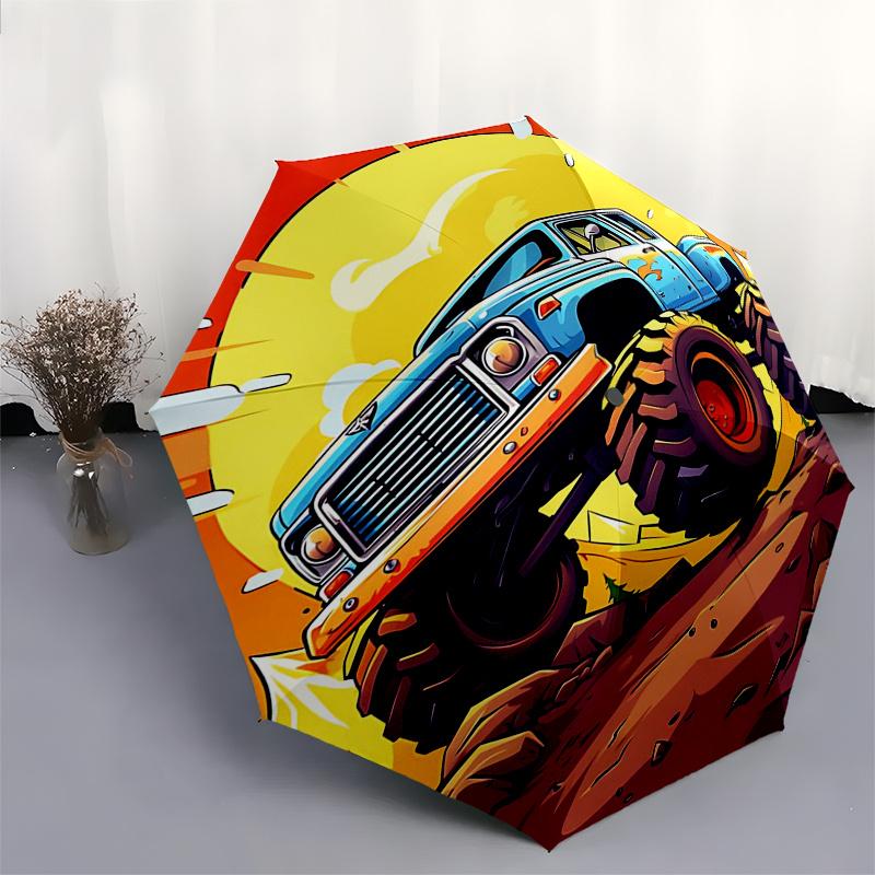 Monster Truck Themed Travel Umbrella 8 Ribs Automatic Opening and Closing, Portable Folding Design, Compact and Stylish Umbrella Suitable fo