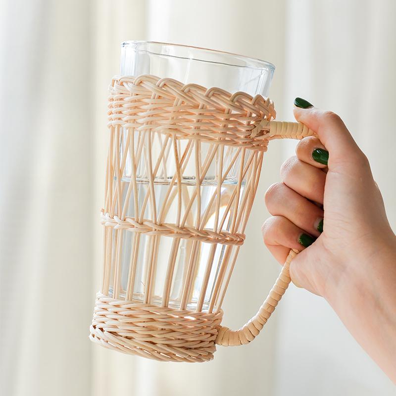 Rattan with Handle Retro Glass Woven Cup Household Breakfast Milk Cup Thermal Insulation Water Cup