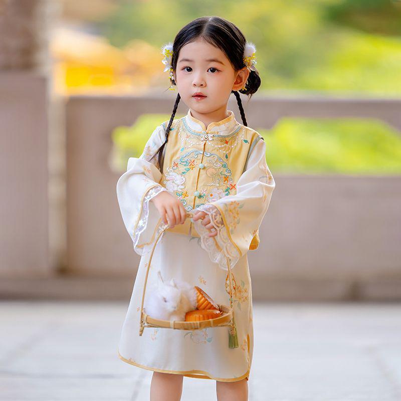 Girls  Autumn Jade Rabbit Hanfu Vest & Cheongsam Dress - Mid-Autumn Tang-Style Costume Model 100