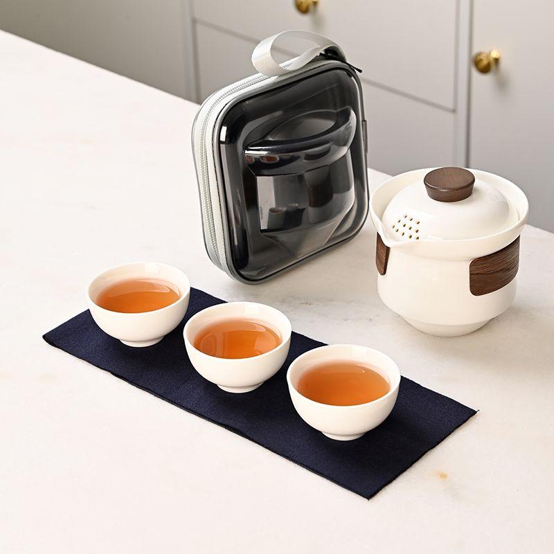 

Portable Travel Tea Set Outdoor Tea Bag Ceramic One TeaPot with Three Cups, Storage Bag, Teaware, Quick Guest Teacup