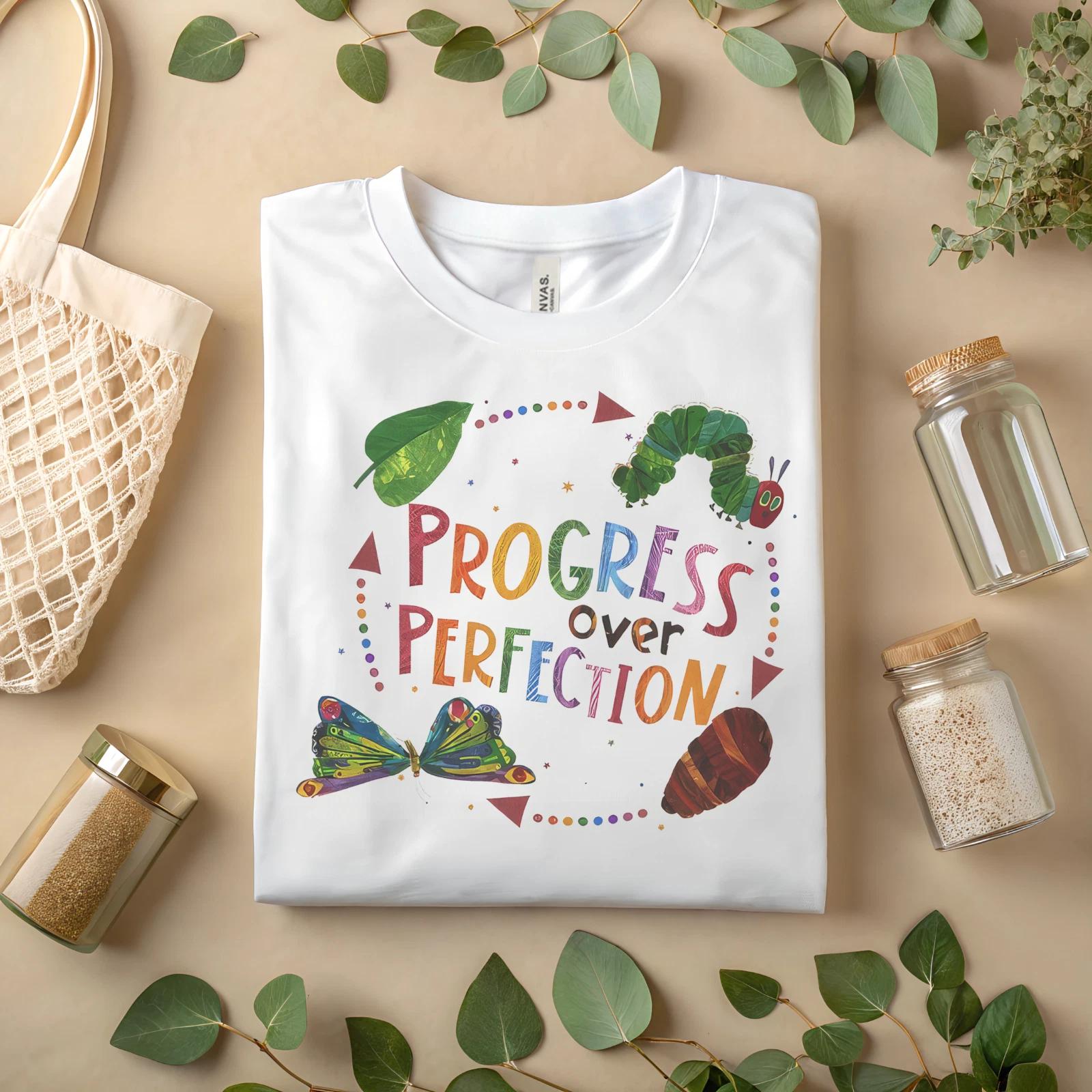 Progress Over Perfection Teacher Motivational Caterpillar Butterfly A144 4XL