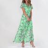 Damen Blumen Chiffon Swing Kleid Lang Rüschen V-Ausschnitt Kurzarm Taille Fließendes Sommerkleid Mode
