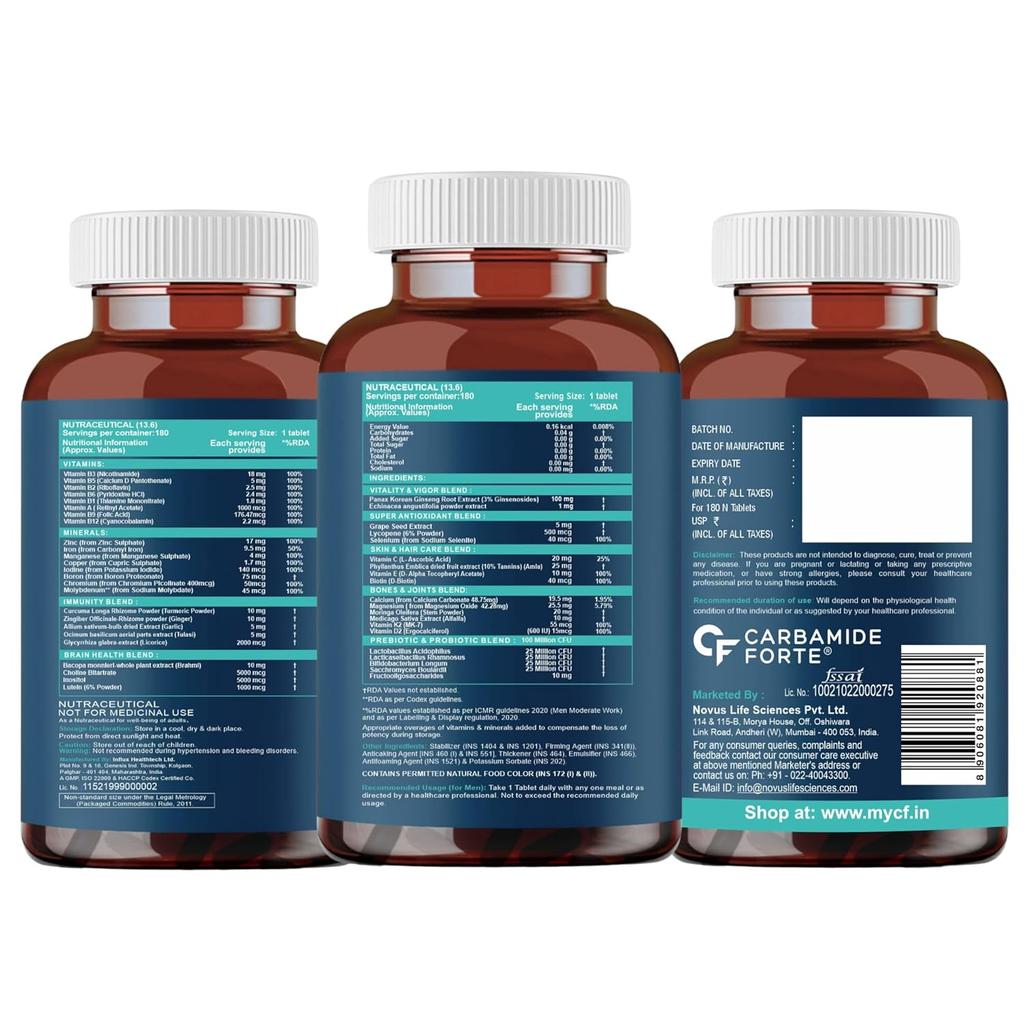 Erkekler İçin Carbamide Forte Multivitamin Tablet Spor Salonu 180 Tablet Günlük Enerji Bağışıklık Desteği