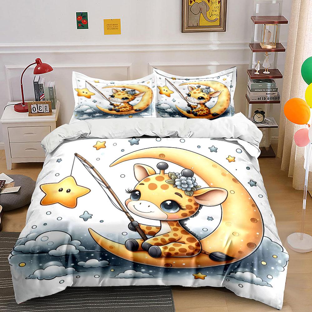 Cute Giraffe On Moon Fishing Bedding Duvet Cover Set (1*Duvet Cover 2*Pillowcases, Without Duvet Insert)