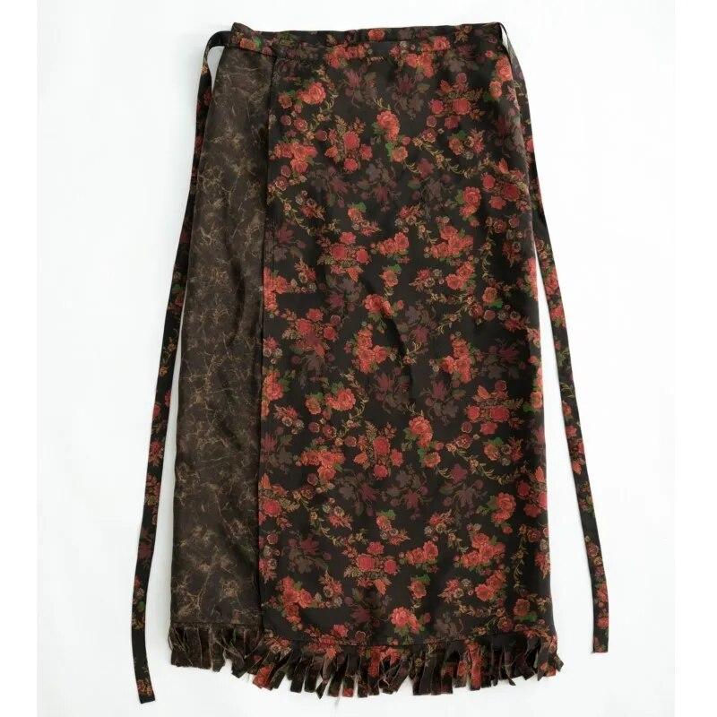 Johnature Dámské sukně s bandáží v čínském stylu s jarním květinovým potiskem vysoké kvality pro ženy Vintage střapce A-Line