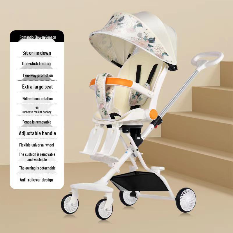 Lightweight Foldable Two-Way Reclining High Landscape Baby Stroller with Four Wheels.