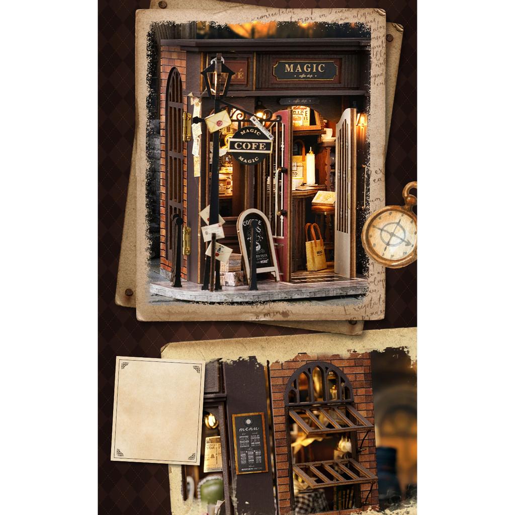 DIY Miniature Cafe House Kit Coffee Shop Tiny House Making Kit with LED Dark Brown Vintage Brick Wall Xmas Birthday Decorations