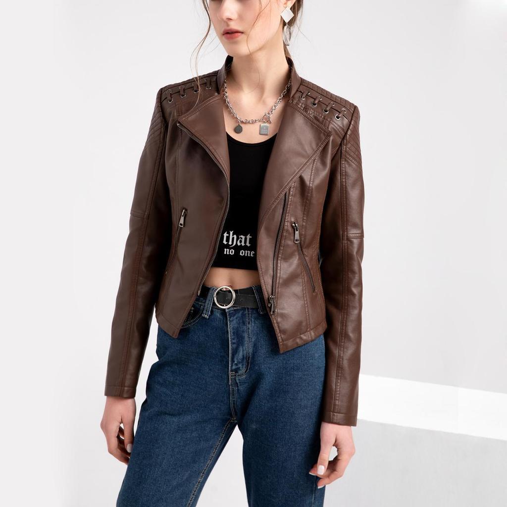 Women's Stylish Faux Leather Jacket Classic PU Moto Biker Fashion Zip Up Casual Short Coat Slim Outerwear with Retro Lacing Detail S-4XL Plus Size