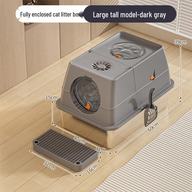 Stainless Steel Top-Entry High-Sided Cat Litter Box with Flip-Top and Anti-Splash Design