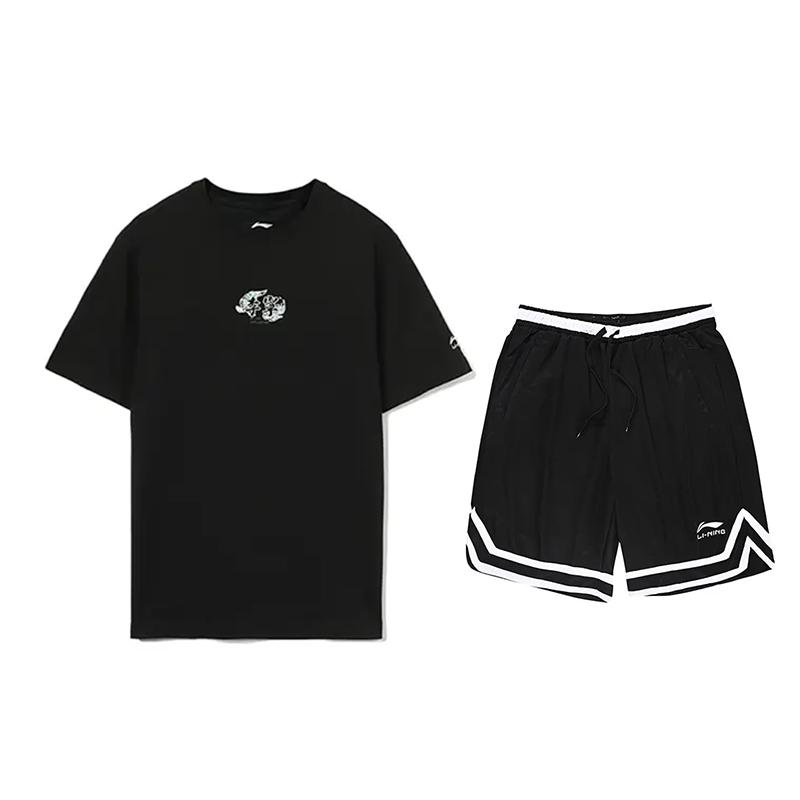 Li-Ning College Style Knitted Breathable Short Sleeve Solid Color Fashion Comfortable Shorts Casual Sports Suit Unisex Suit Black AHST821-2+YAPV001-1