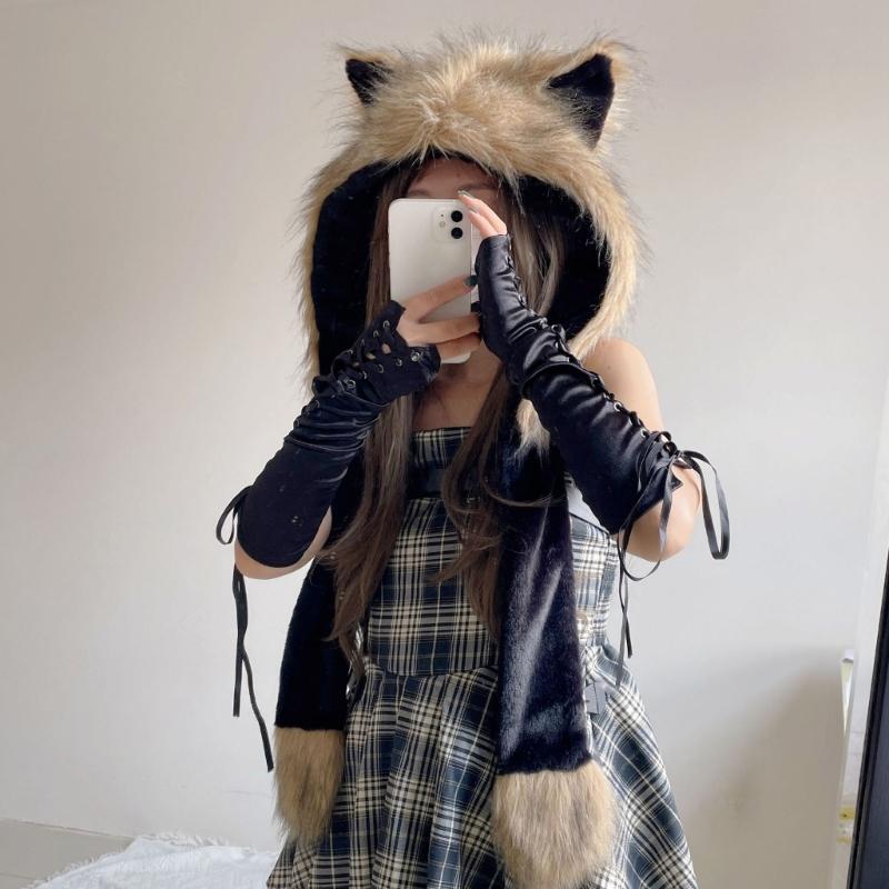 Furry Neck Scarf Hat with Animal Ear Winter Outdoor Sport Shawl Hat Anime Costume Earmuff Hat for Skiing Cold Weather
