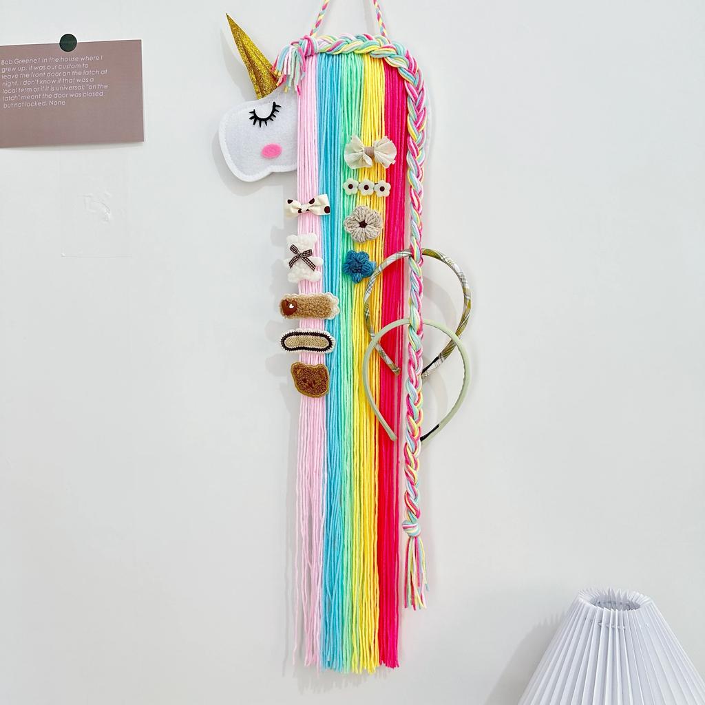 Handmade Boho Unicorn Wall Hanging Organizer - Felt Animal Head Hair Accessory Storage Strip, Charming Room Decor for Girls