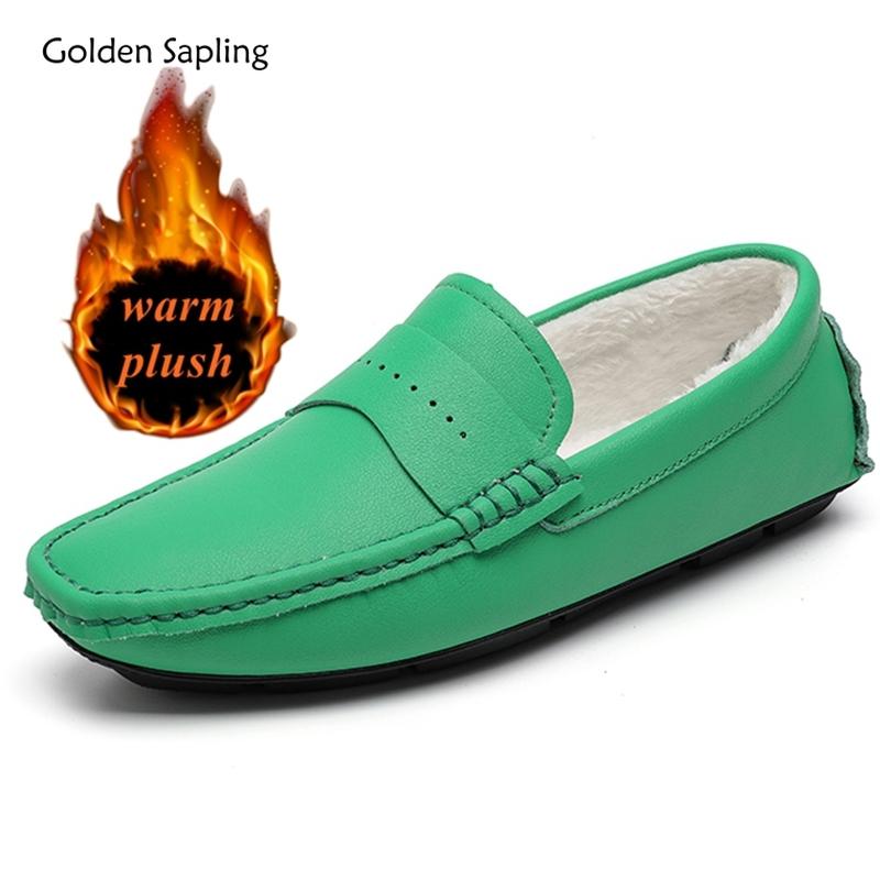 Golden Sapling Big Size 49 Men's Casual Shoes Outdoor Leather Casual Driving Boat Shoe Male Winter Warm Plush Loafers