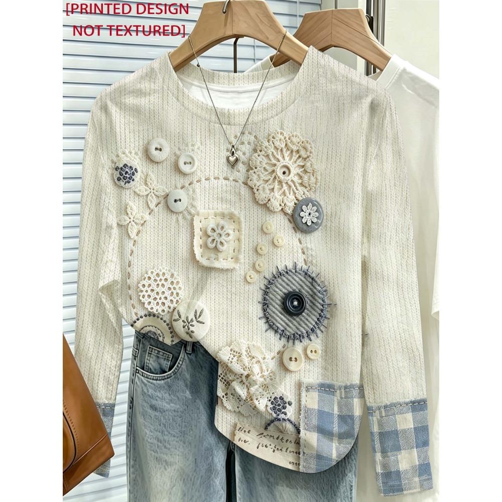 Women Long Sleeve T Shirt Patchwork Block Print Round Neck Color