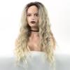 Long Curly Blonde Wigs for Women Synthetic Ombre Wig with Bangs Costume Wig for Girls Sexy Blond Wigs with Black Roots