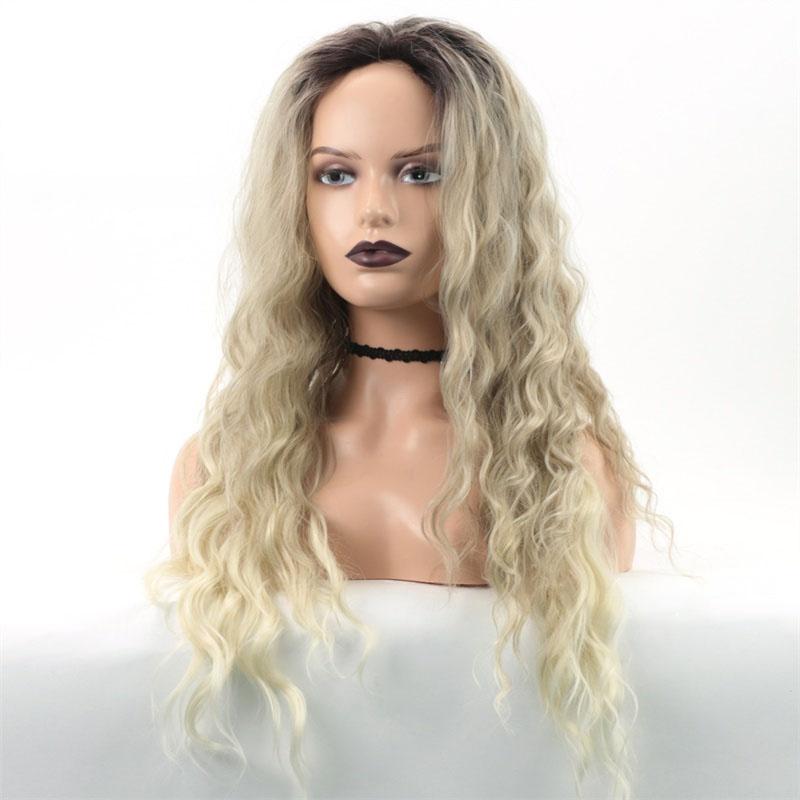 Long Curly Blonde Wigs for Women Synthetic Ombre Wig with Bangs Costume Wig for Girls Sexy Blond Wigs with Black Roots