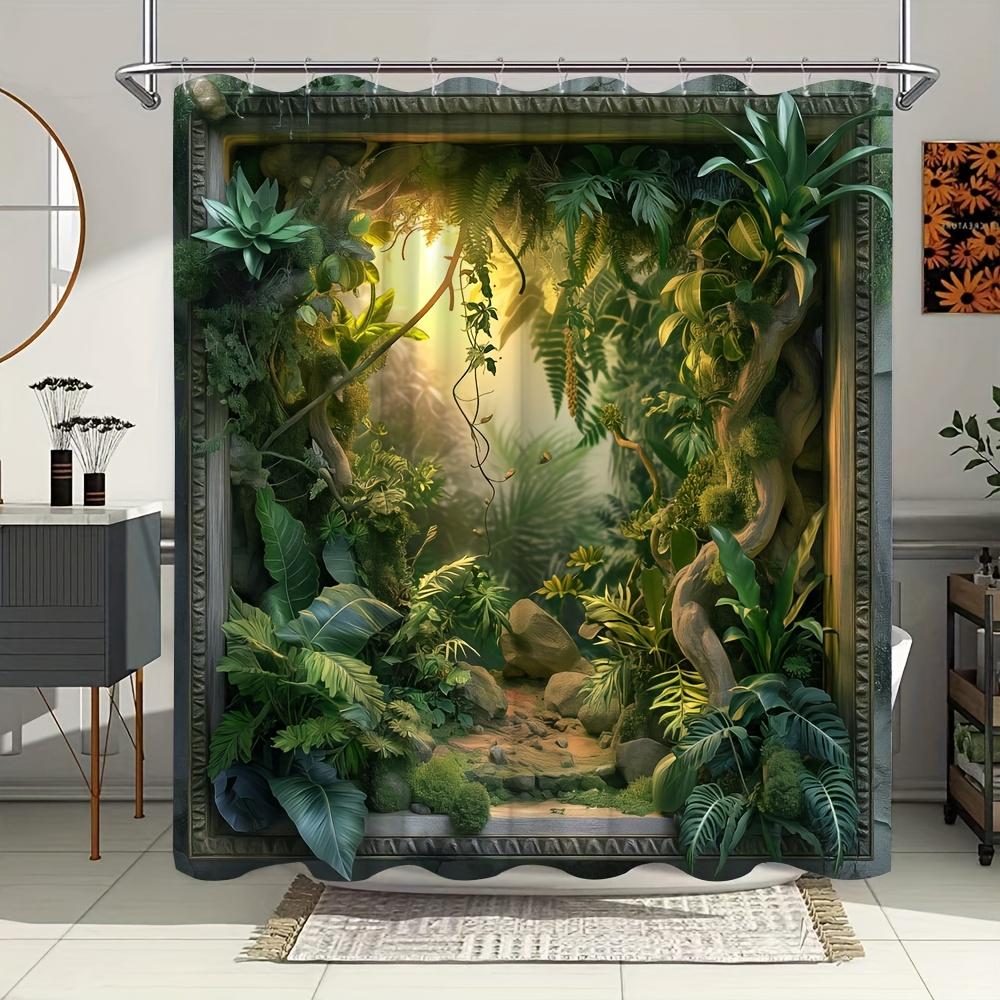 

Enchanting Jungle Scene Bath Curtain - Lush Greenery & Sunlit Path; Waterproof Home Decor Adds Tropical Charm To Your Bathroom. W60H190(CM)-1 Pcs