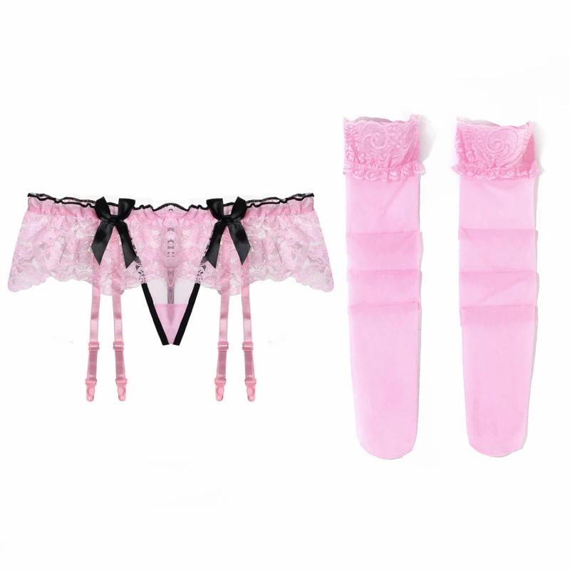 Black Pink Red White Lace Bow Garter Panties And Stockings Set Women Sexy Thin Transparent Wedding Garters Suspender Belt