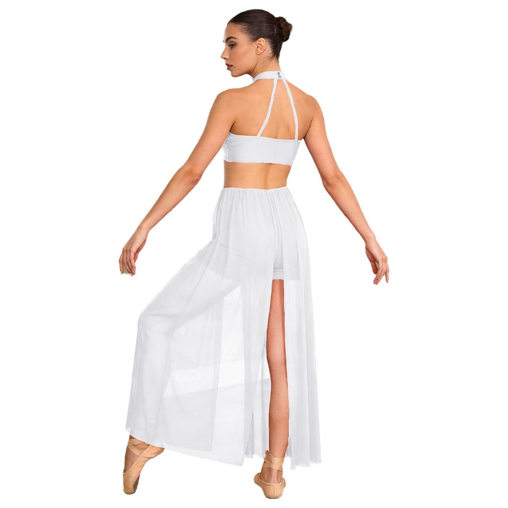 Damen rückenfreies Bodysuit-Kleid Pailletten-Oberteil Netzrock integrierter kurzer Unterteil Tanzkleidung