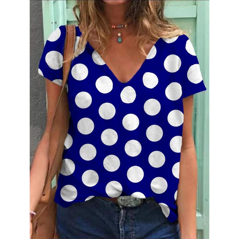 

2025 Летняя женская футболка свободного покроя с коротким рукавом и принтом в горошек, свободная рубашка с круглым вырезом, модная 3D-настройка XL