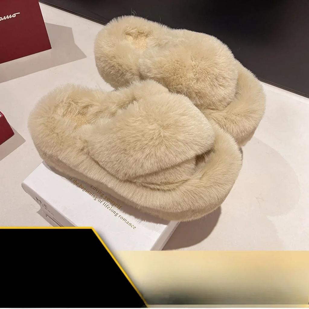Fashion 2025 Autumn/Winter Candy Color Plush Slippers, Women's Plush Thick Sole Plus Size Cotton Slippers