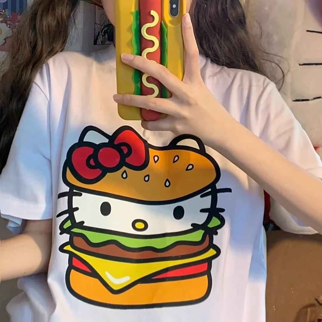 

2026 Cute Hamburg Kitty Printed Tshirt Style Ladies Clothing Anime Fashion Comfortable summer Womens Tshirt loose fit S