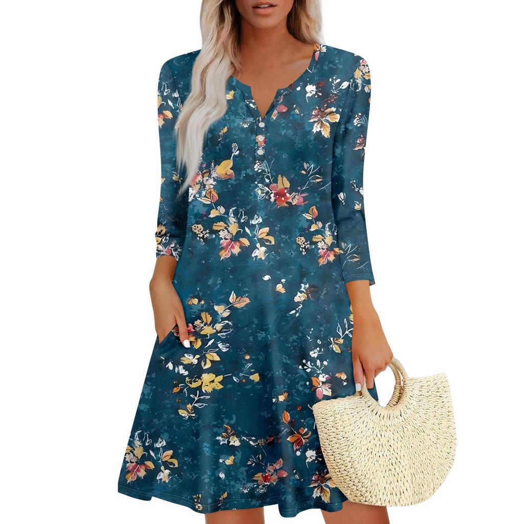 Women’s V Neck Floral Print Loose Fit Dress with Three Quarter Sleeves Casual Flowy A Line Summer Dress for Daily Wear