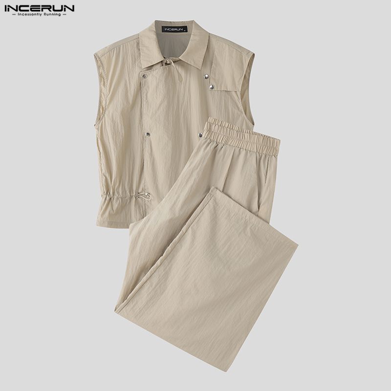 INCERUN Two Pieces Casual Sets Men Sleeveless Waistcoat and Long Cargo Pants Trousers Outfits