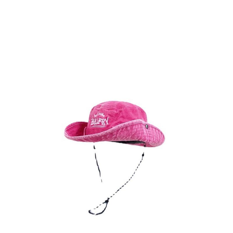Women s Cowboy Hat Summer Retro Washed Drawstring Fisherman Hat Outdoor Sun Hat Hiking Sun Hat розовый