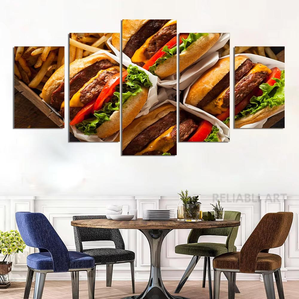 5 Panel Cheesy Beef Burgers HD Pictures Canvas Painting Delicious Fast Food Hamburger Posters for Dinning Room Wall Decor Quadro