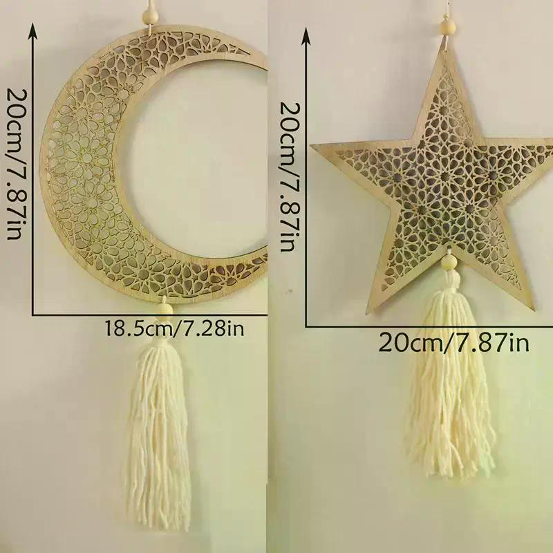 1/2pcs Ramadan Wooden Hanging Ornament Moon And Star Hollow Wall Decor With Tassel Eid Mubarak Muslim Decor Ramadan Kareem Gift