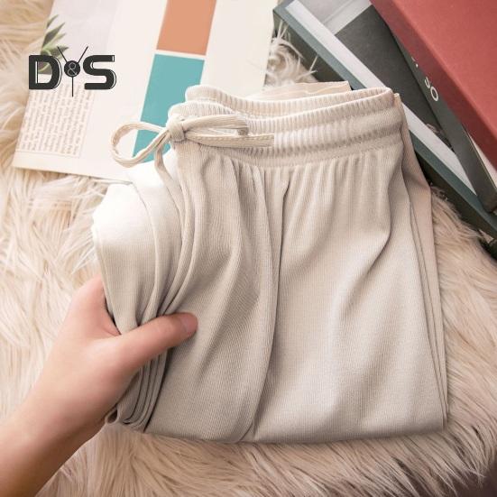 Damen Freizeithose, elastische Taille, verstellbarer Kordelzug, einfarbig, lange Hose aus Eisseide, weites Bein, drapierte Hose, Streetwear