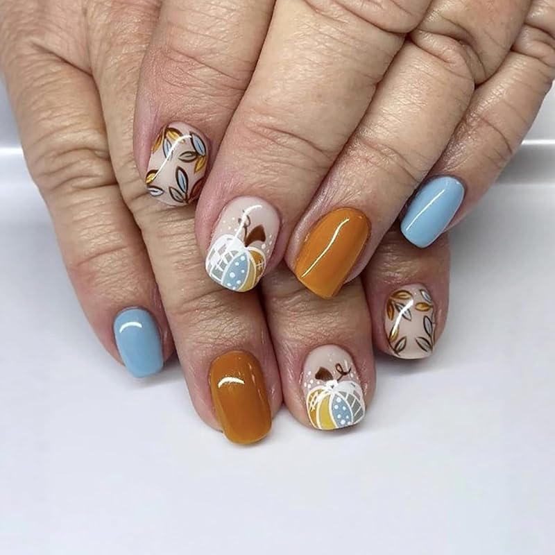 Thanksgving Day Press On Nails Square Medium Press On Nails Nude White Fall Nail Press Ons Full Cover False Nails With Maple Leaves Designs Acrylic
