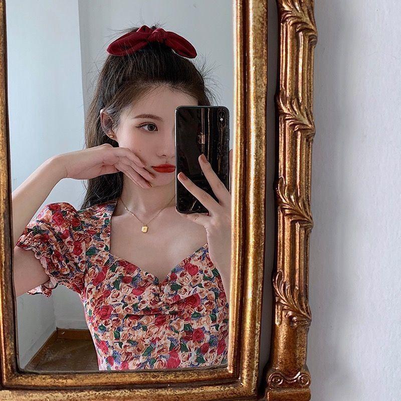 Women's Square Neck Short Sleeve Mini Dress A-Line High Waist French Vintage Floral Print Sweet Summer Casual Dress
