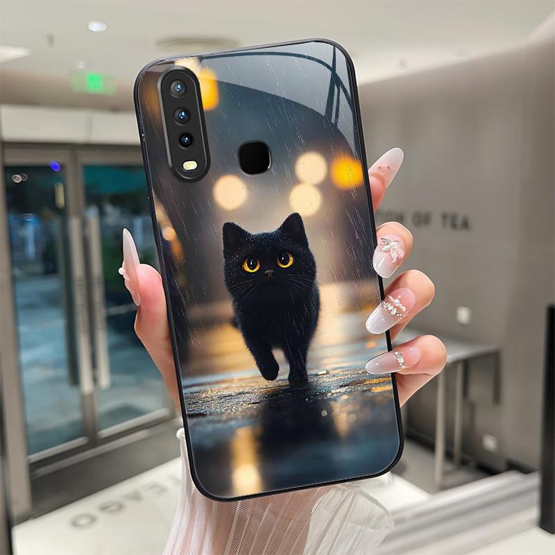 Beautiful Flower Cute Cats Case For Vivo Y11 2019 1906 Y12 Y17 Y15 Y19 Tempered Glass Phone Case Protective Cover Hard Shell