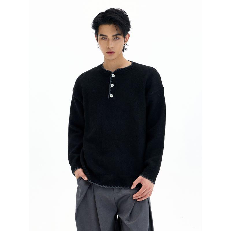 Kisko American-Style Henry Collar Hand-Stitched Wool Blend Knit Sweater for Men and Women, High-End Lazy Base Layer Top