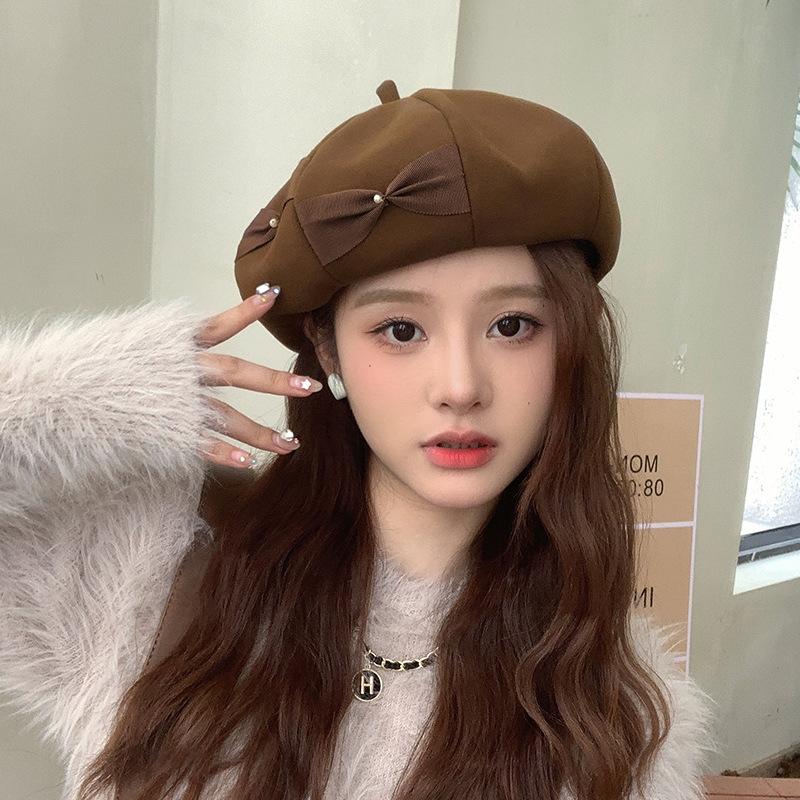 Japanese Sweet Bow Beret Female Cute Versatile Cloud Painter Hat Street Photography Fashion Woolen Octagonal Hat