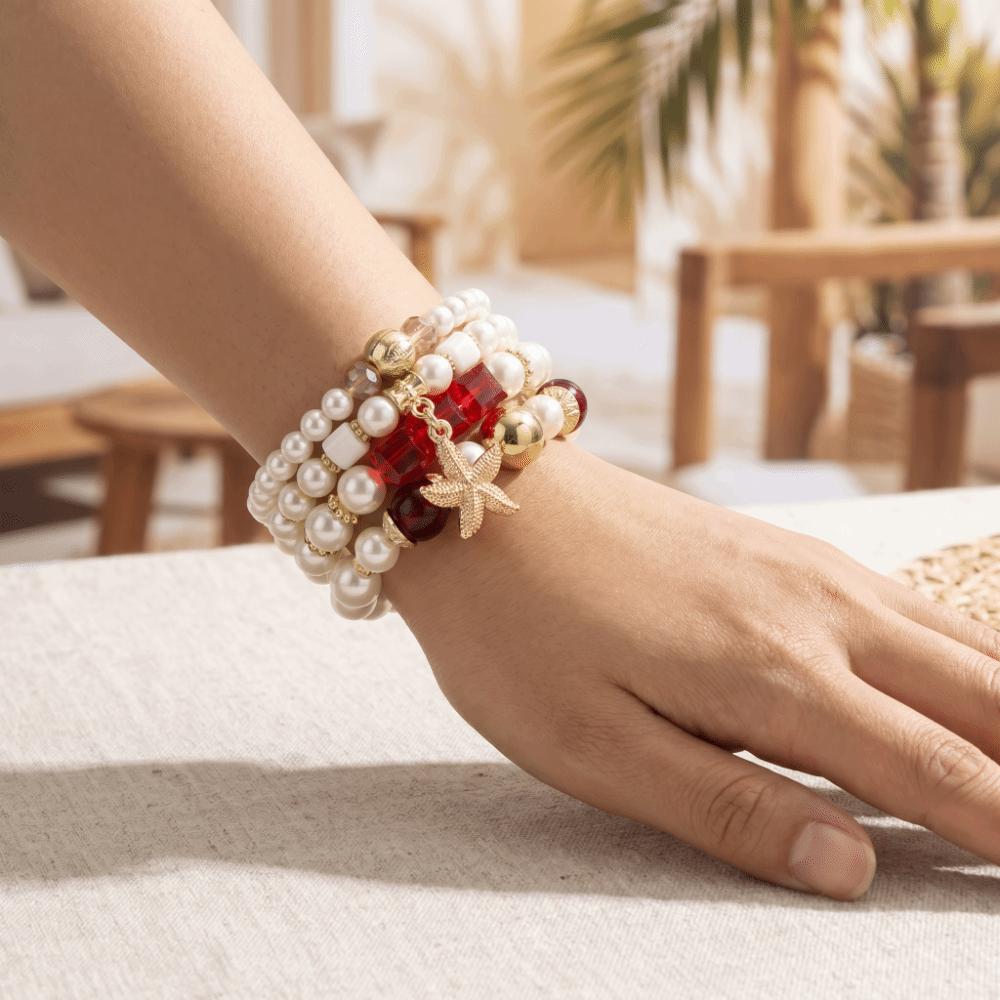4pcs/set Ethnic Style Simulated Pearl Bracelets Multilayer Hand Chain Summer Accessories