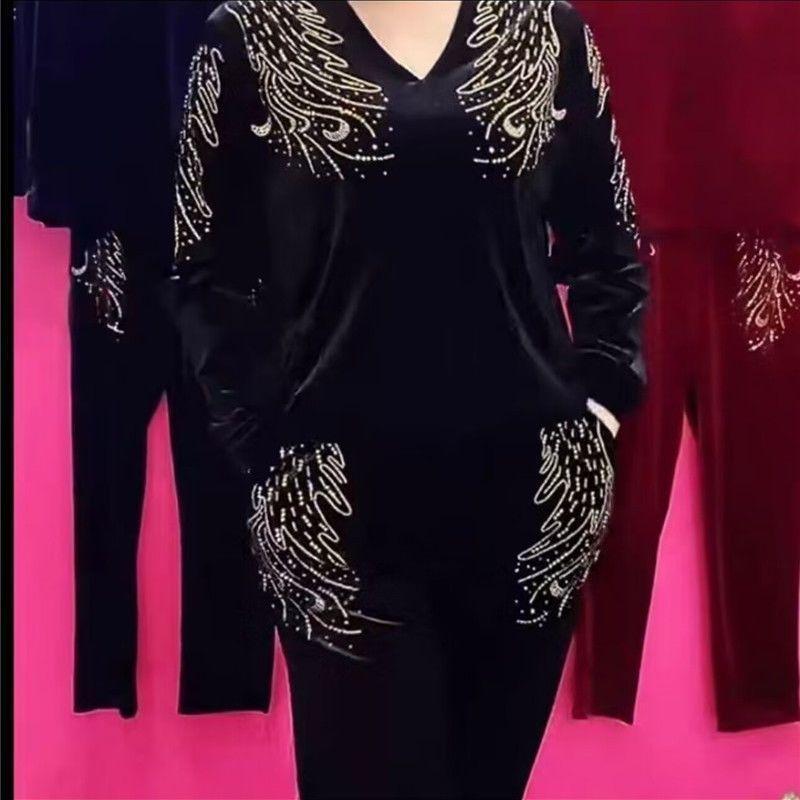 2-teiliger Hosenanzug Herbst Damen Stickerei Übergröße Samtbluse Hohe Taille Samt Harems Hose Zweiteiliges Set