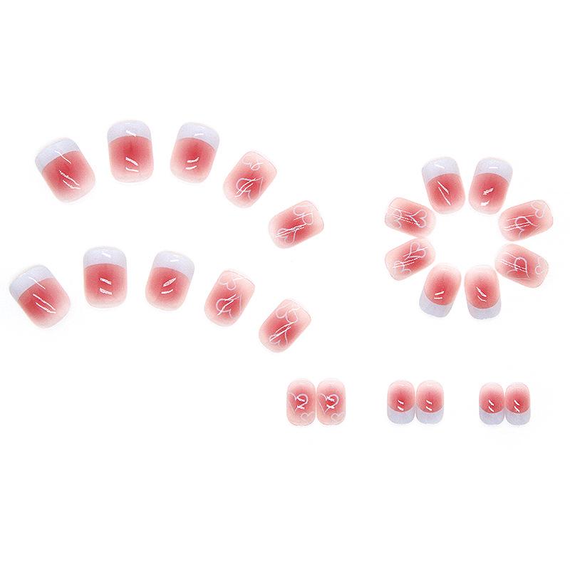 Transparent Pink Heart Nail Art Stickers - Short, Thin Nails with White Crescent Edges, Removable and Ready To Apply.