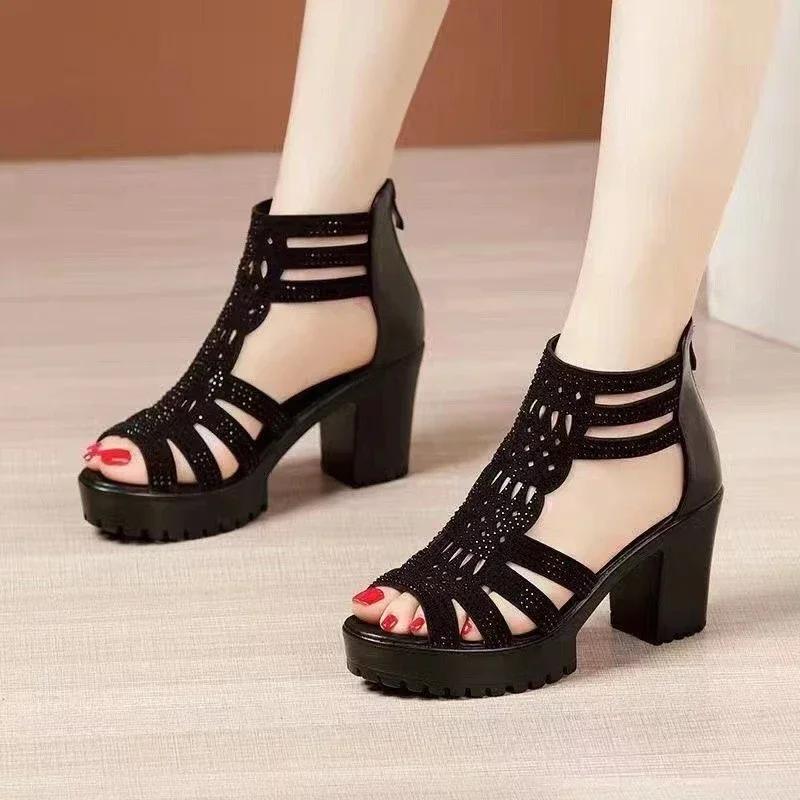 Summer Women's High Heel Shoes Rome Women's Peep Toe Platform Chunky Heel Gladiator Sandals Outdoor Dress Party Fish Mouth Shoes