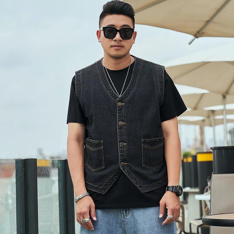 Men's Spring Large Size Loose Denim Vest Solid Color Straight Hem Sleeveless Top