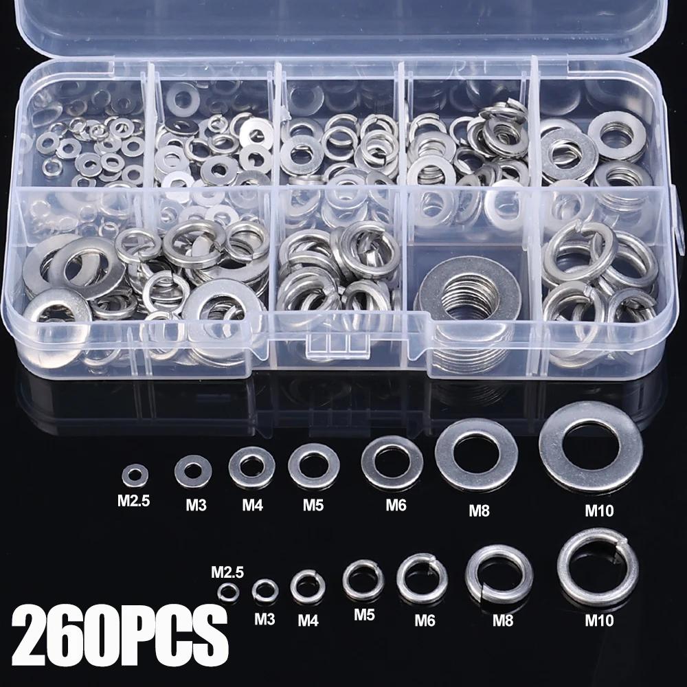 Stainless Steel Spring Lock Washers Metal O Rings Flat Gaskets Set Fasteners Hardware Assortment Kits M2 M2.5 M3 M4 M5 M6 M8 M10