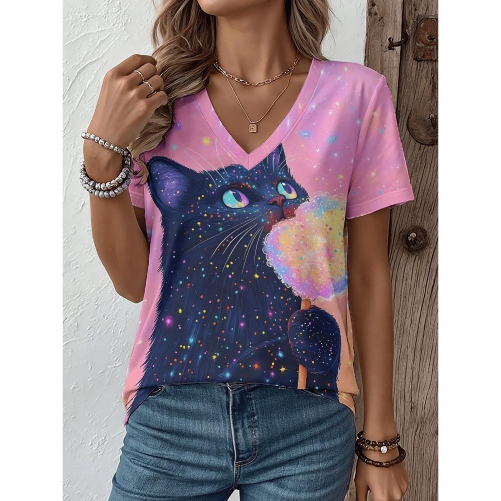 Women's V-neck short sleeved T-shirt cartoon cat print T-shirt