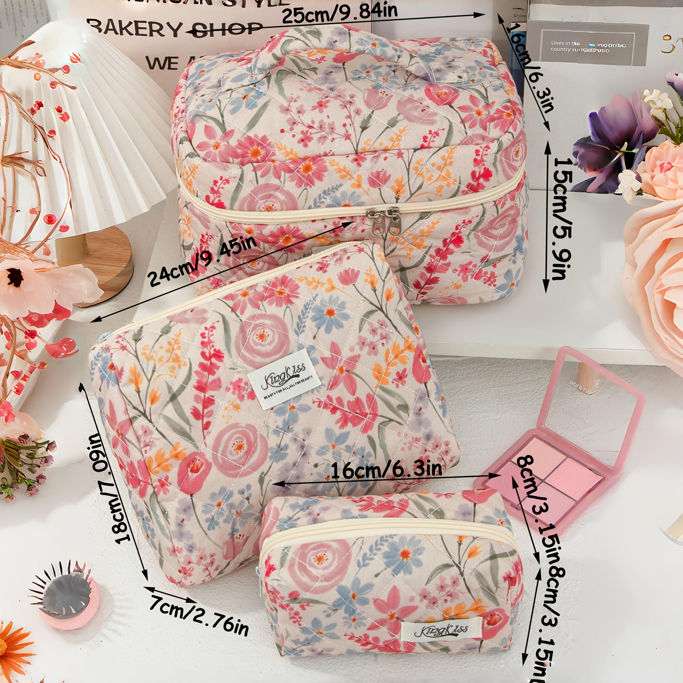 

Colorful Quilted Makeup Bag Set Floral Makeup Bag Zip Closure Aesthetic Toiletry Bags Travel Cosmetic Bag