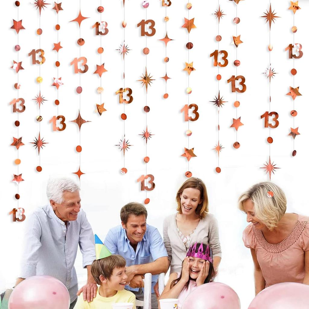 Rose Gold 13th Birthday Decorations Number 13 Circle Dot Twinkle Star Garland Metallic Hanging Streamer Bunting Banner Backdrop for Girls 13 Year Old